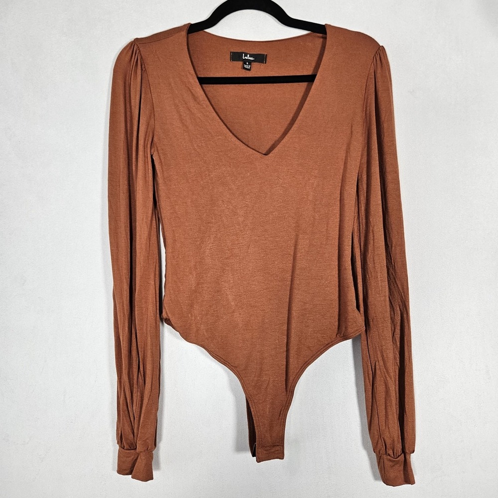 Lulus Bodysuit Women's Ribbed Rustic S V-Neck Long Sleeve Stretch Minimalist